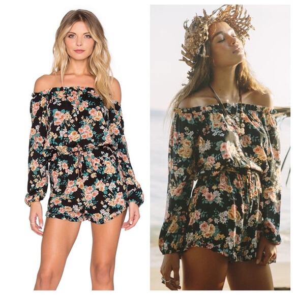 Auguste The Label Gypsy Black Floral Long Sleeve Off Shoulder Romper Size 2 - Picture 1 of 6